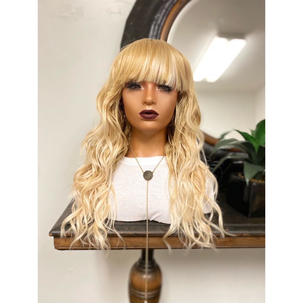 14. SHY| LONG BLONDE BANG CURLY LACE FRONT WIG
